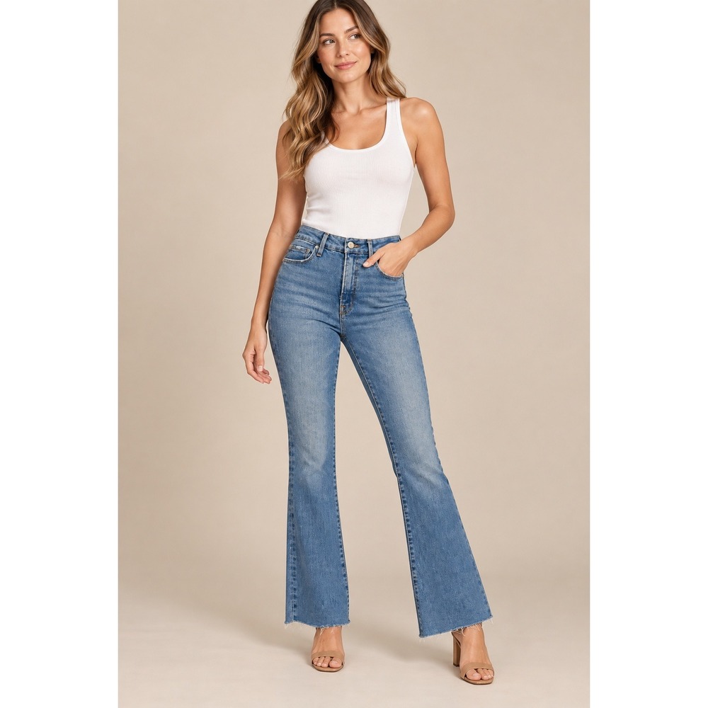 Good American Womens Jeans 2/26 Blue Good Legs Flare Raw Hem High Rise GCBL67TNA